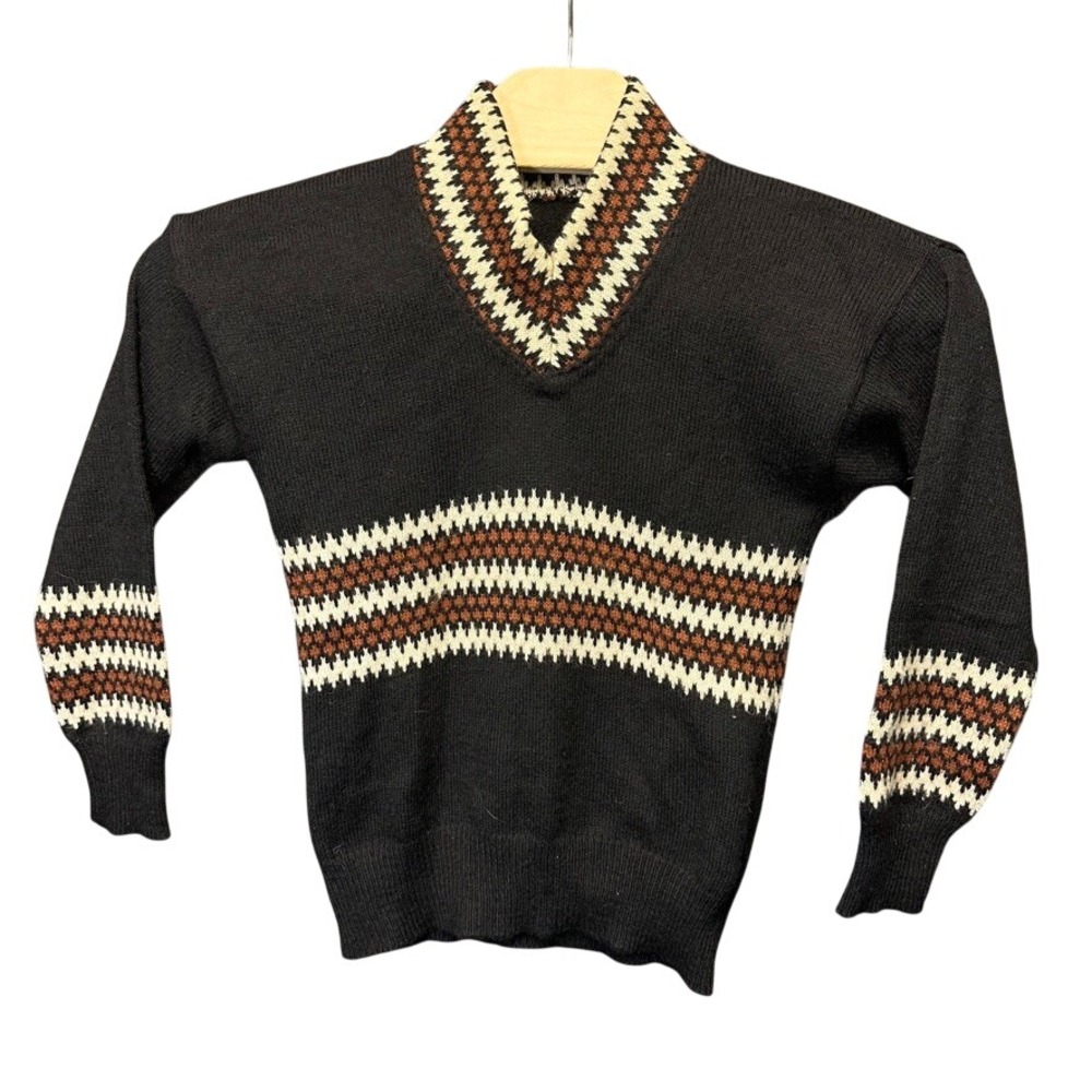 Vintage V-Neck Fair Isle Knit Sweater Black Rust Geometric Retro Pullover